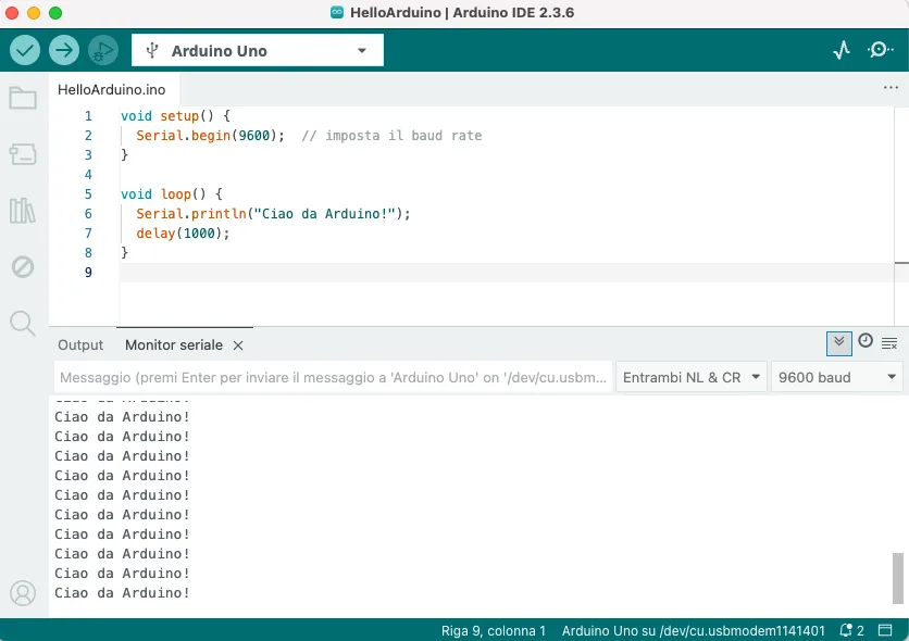 Monitor seriale dell'IDE Arduino con il messaggio "Ciao da Arduino!" ripetuto ogni secondo