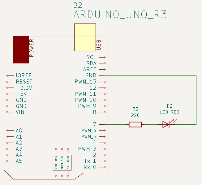 Schema elettrico di un LED controllato da un GPIO di Arduino Uno, con resistenza R3