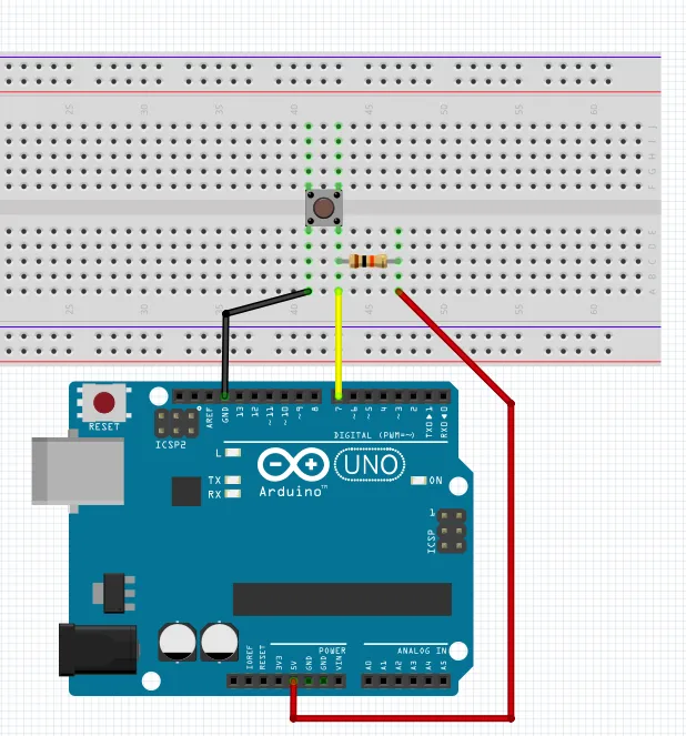 Schema circuitale su breadboard del collegamento del pulsante ad Arduino UNO