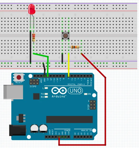 Schema circuitale su breadboard del collegamento pulsante + LED ad Arduino UNO