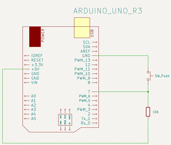 Schema elettrico del collegamento del pulsante al GPIO 7 con resistenza di pull-up da 10k