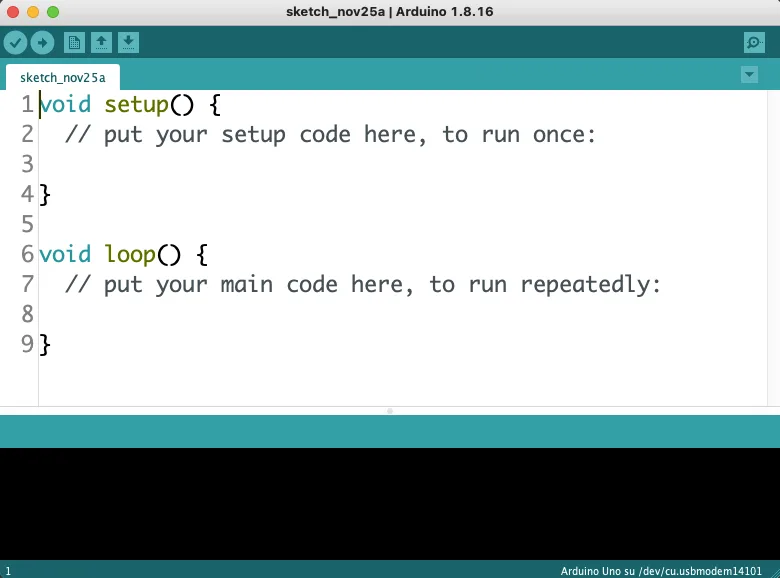 Nuovo Sketch nell'IDE di Arduino con le funzioni setup() e loop() già presenti